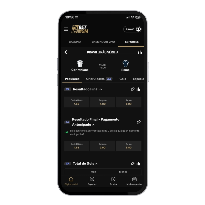 Captura de tela na seção de esportes de BetMGM, que exibe as odds para um jogo entre Corinthians e Remo.
