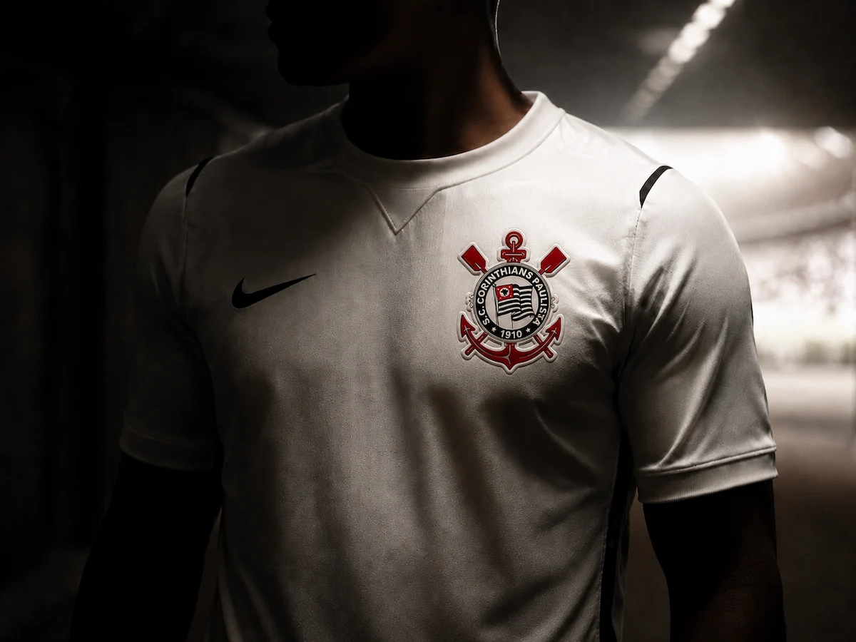 Close-up editorial de uma pessoa em silhueta usando camisa branca do Corinthians, com o escudo corrigido em destaque no peito, em ambiente escuro de túnel de estádio, ilustrando o tema quem o Corinthians vai contratar na janela do meio do ano.