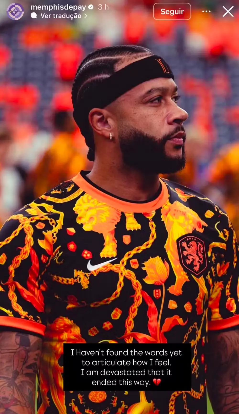 Memphis publica mensagem em seu Instagram Stories após eliminação da Holanda na Copa.