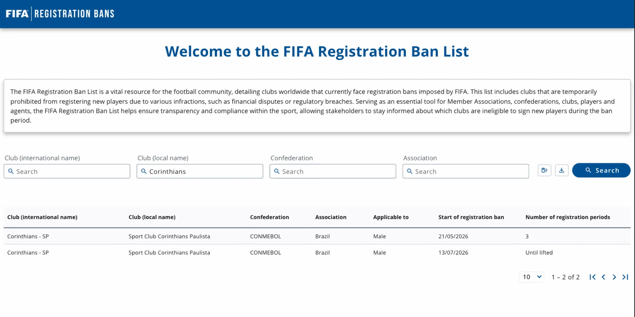 Captura de tela da página da FIFA Registration Ban List, exibindo dois transfer bans ativos do Corinthians em julho.