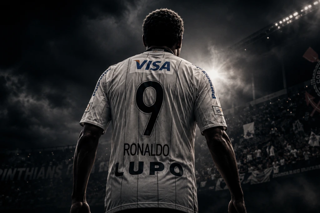 Close-up dramático de jogador de futebol visto de costas, vestindo camisa branca do Corinthians com listras pretas finas, número 9 e nome Ronaldo em destaque, sob luz intensa de estádio.