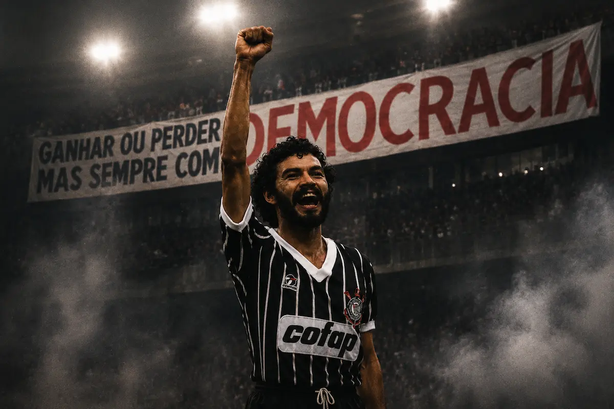 Sócrates, ídolo do Corinthians, celebrando com o punho erguido em frente à faixa “Ganhar ou perder, mas sempre com democracia”, em montagem editorial sobre a Democracia Corinthiana.