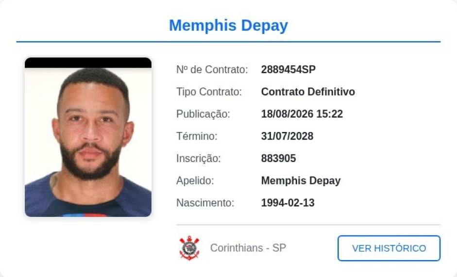Registro de Memphis Depay no BID.