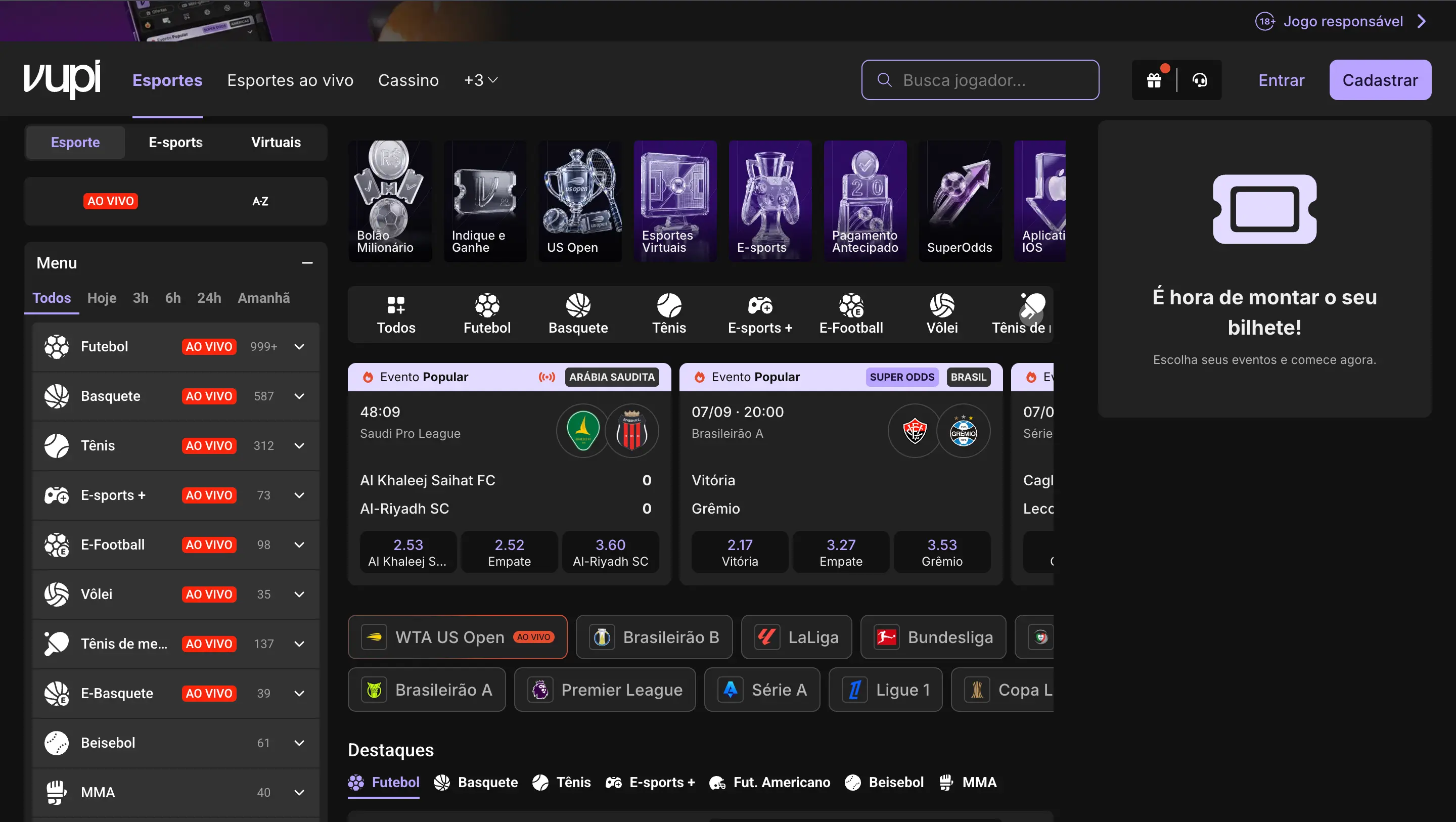 Captura de tela do site da Vupi Bet no navegador, exibindo a tela inicial da plataforma.