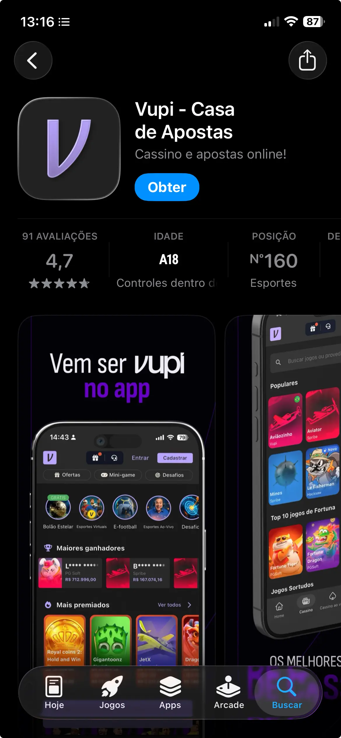 Captura da App Store com o aplicativo Vupi, avaliação de 4,7 estrelas, classificação A18 e prévias da interface, para análise sobre se a Vupi Bet é confiável.