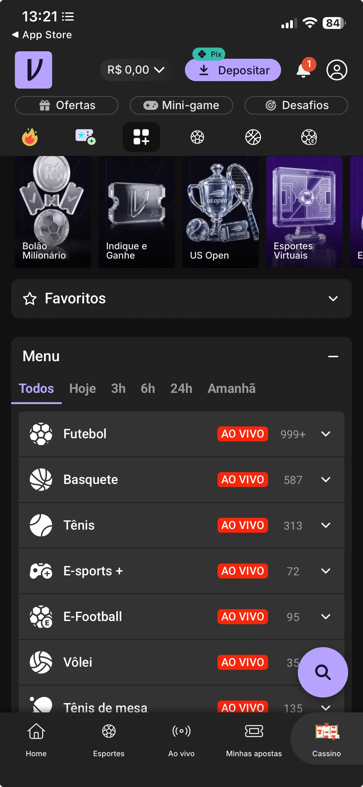 Menu de apostas esportivas da Vupi Bet com futebol, basquete, tênis, e-sports e outras modalidades, além de filtros de eventos ao vivo, em análise sobre se a Vupi Bet é confiável.