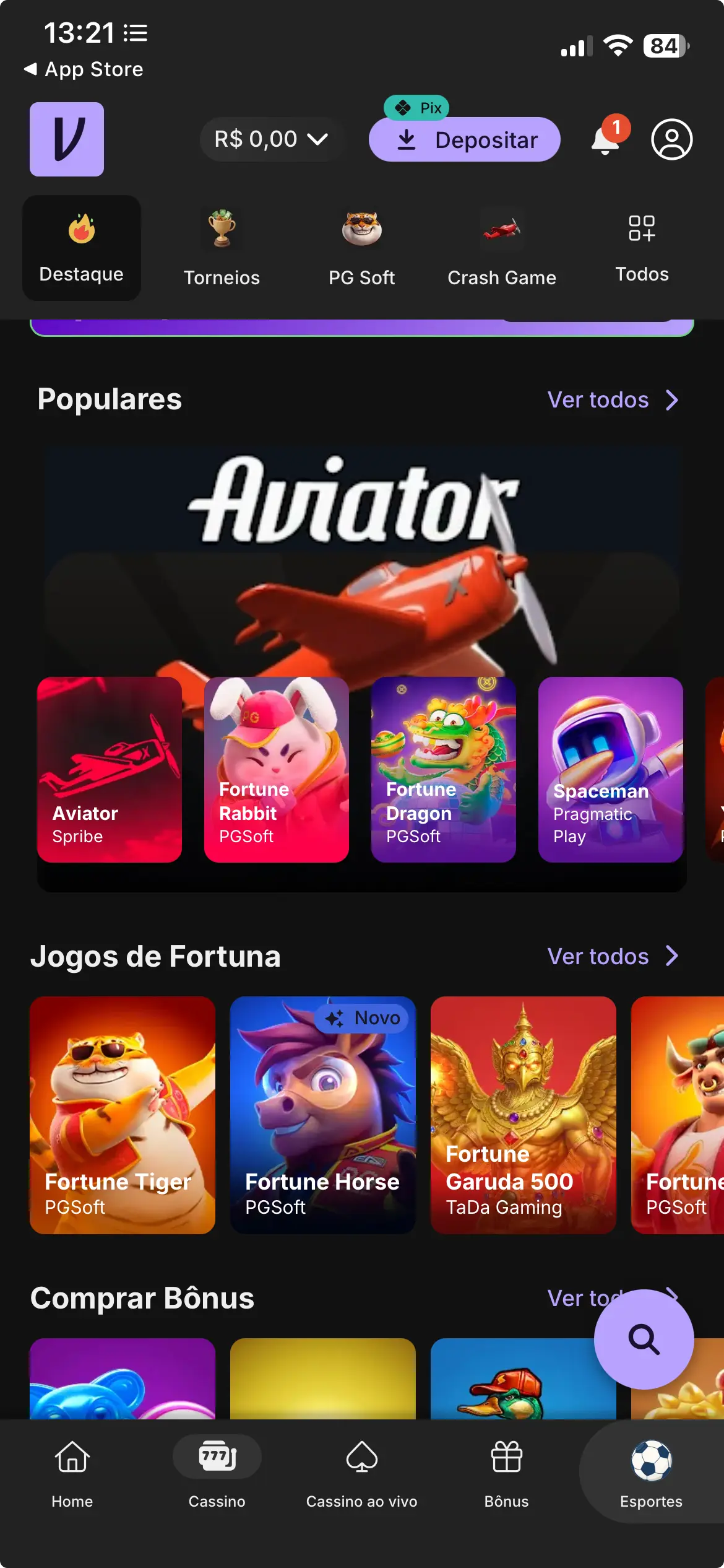 Interface do cassino da Vupi Bet com jogos populares como Aviator, Fortune Rabbit, Fortune Dragon e Spaceman, ilustrando a análise sobre se a Vupi Bet é confiável.
