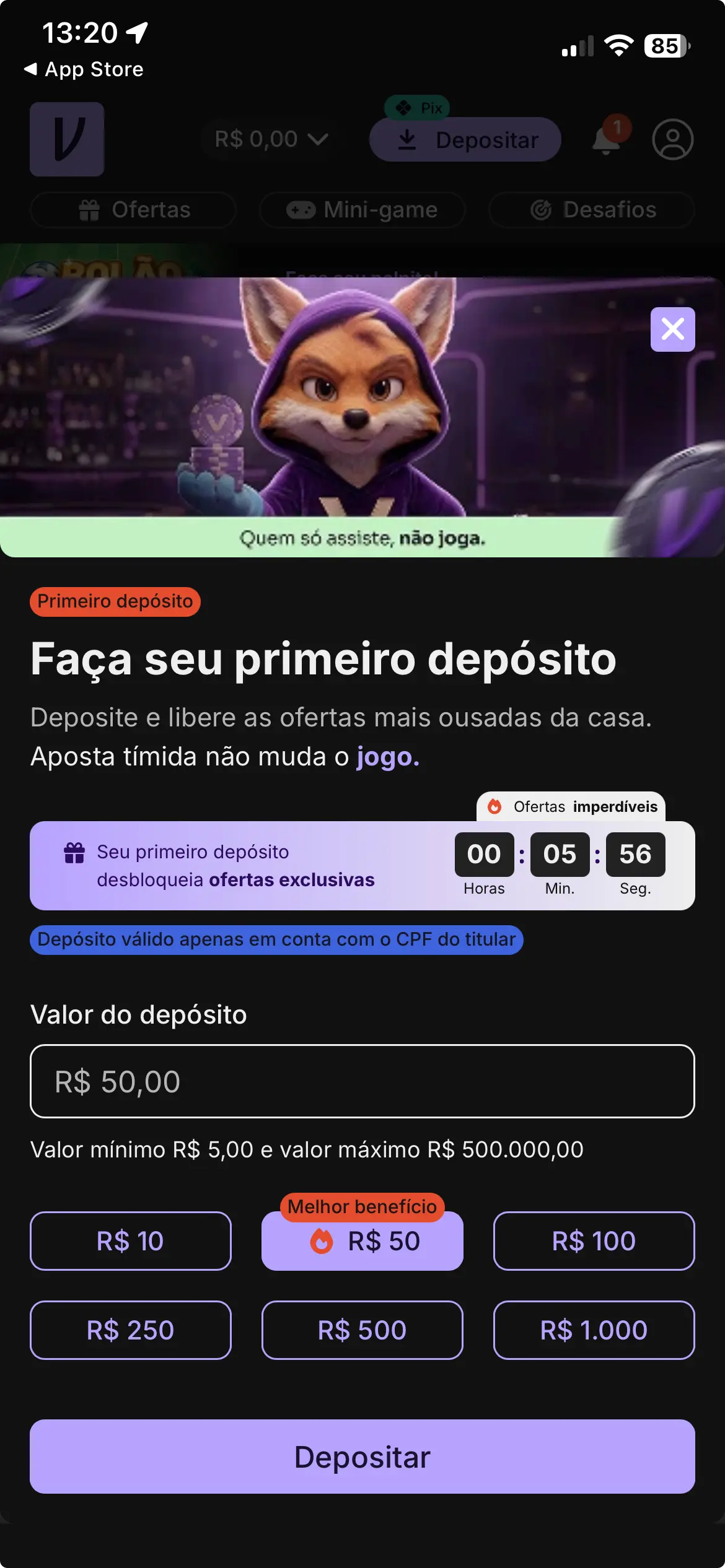 Tela de depósito da Vupi Bet com valores pré-definidos, depósito mínimo de R$ 5 e informações sobre ofertas de primeiro depósito, para review sobre se a Vupi Bet é confiável.