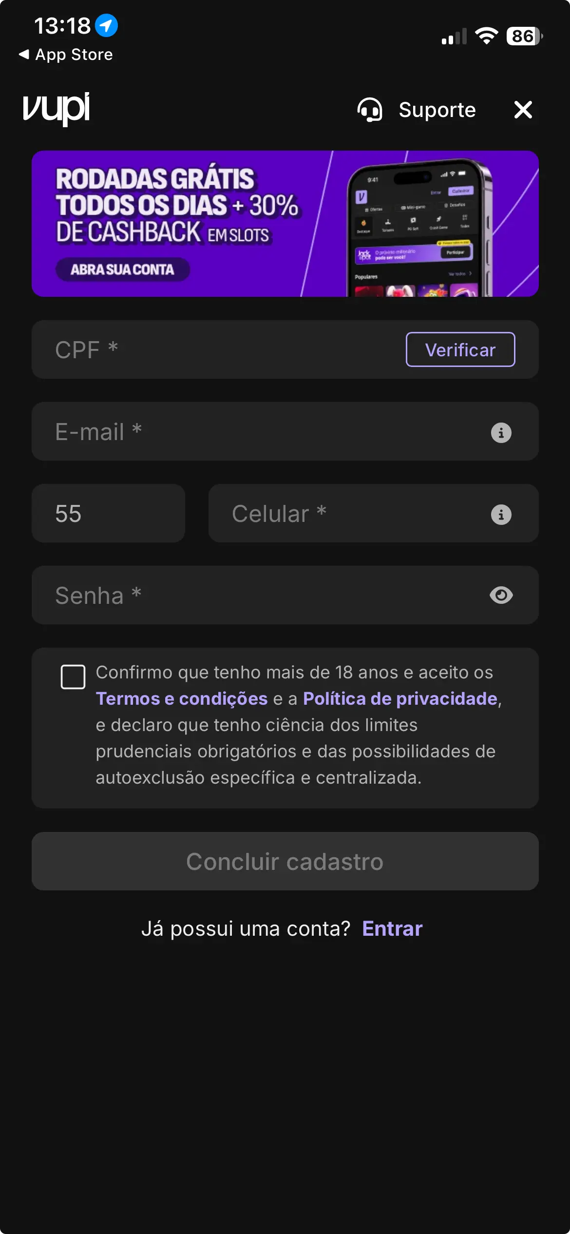 Tela de cadastro da Vupi Bet com campos de CPF, e-mail, celular e senha, além da confirmação de maioridade e aceite dos termos, em review sobre se a Vupi Bet é confiável.