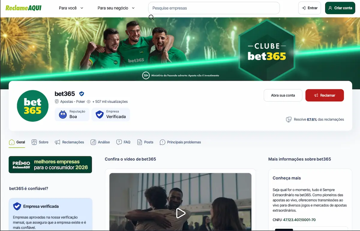 Captura de tela do perfil da bet365 Brasil no Reclame Aqui, com nota 7.3 conforme avaliação dos consumidores.