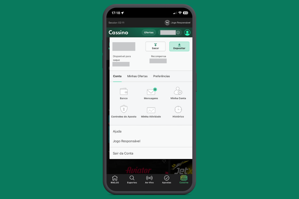 Screenshot da tela de gestão da conta da casa de apostas bet365 Brasil, versão mobile.