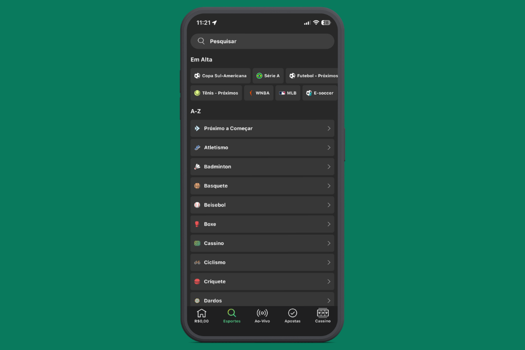 Captura de tela do catálogo de esportes da bet365 Brasil no mobile.
