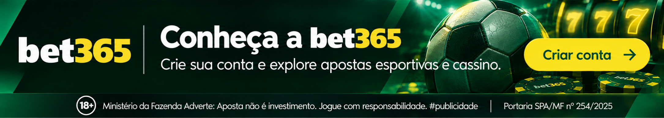 Banner da bet365 em tons de verde e amarelo, com logo da marca, bola de futebol, fichas de cassino e botão “Criar conta”.